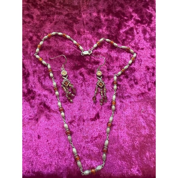 Dainty Sterling Silver Necklace & Earrings Set Glass? Beads 16 Inches - Picture 2 of 6
